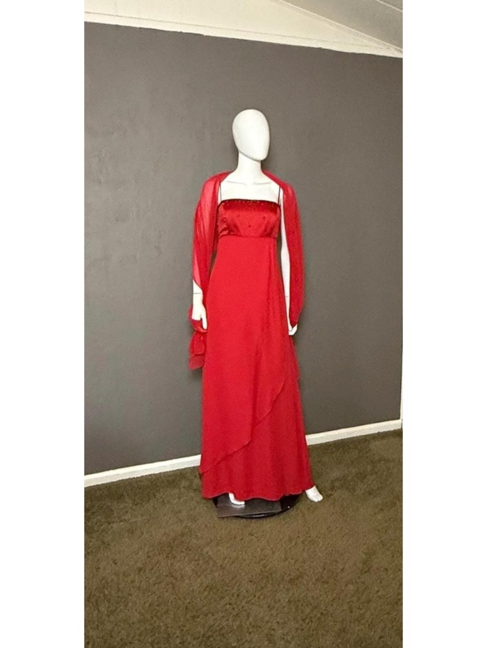 1990's Cherry Red Satin + Chiffon Gown and Wrap Empire Waist by Alfred Angelo